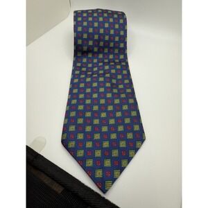 Vintage Richel Silk Tie Made in Spain Blue Geometric Grid Pattern 3.75" Wide
